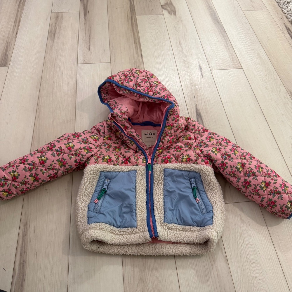 Mini Boden Kids Borg Mix Jacket Pink Floral Quilted Sherpa Hooded Coat 4-5Y